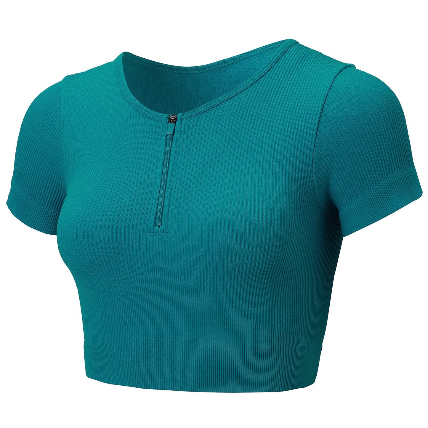 Lakeblue Short Sleeve Zip-Front Rib Knit Gym Top - Zealous