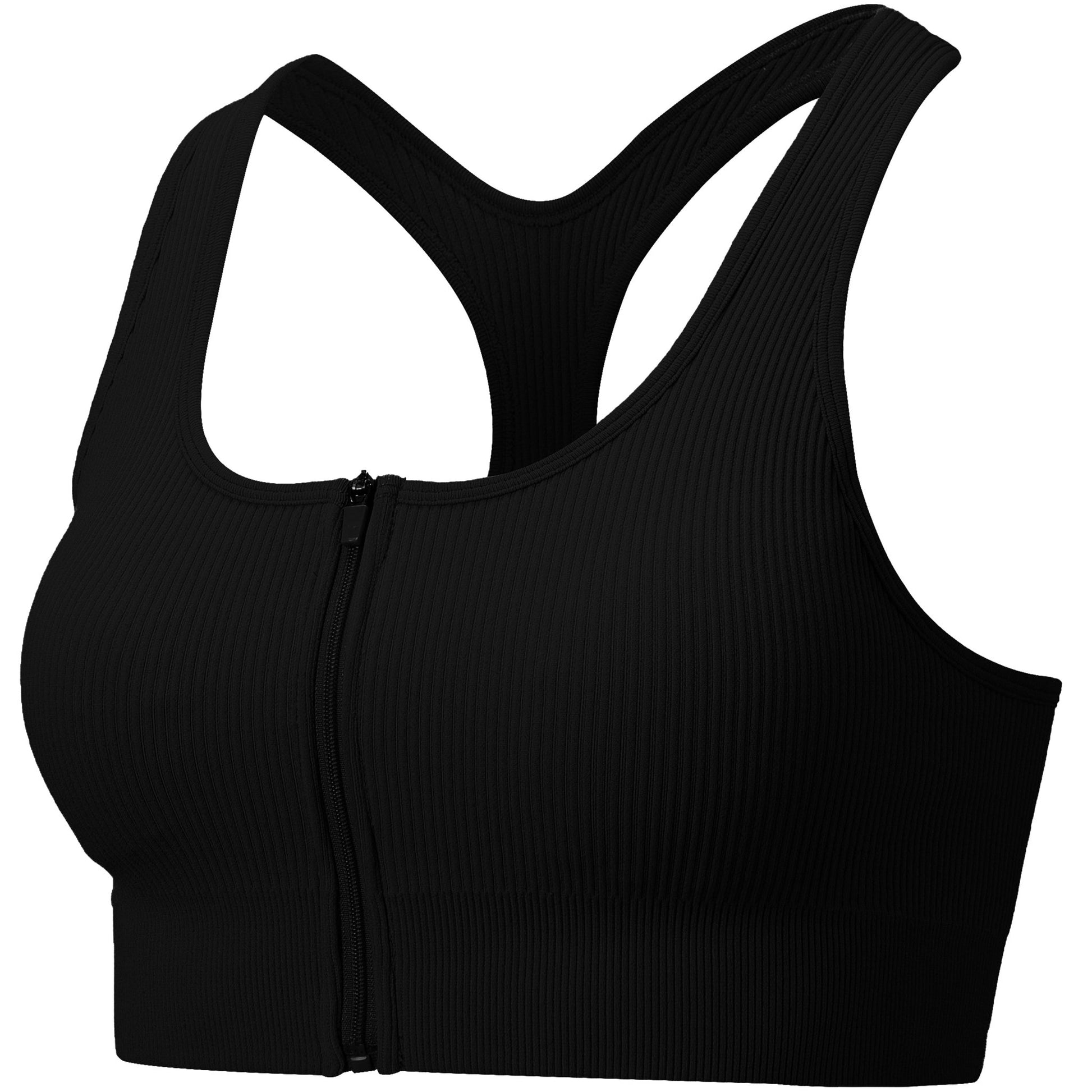 Black Full-Zip Rib Knit Sports Bra - Zealous