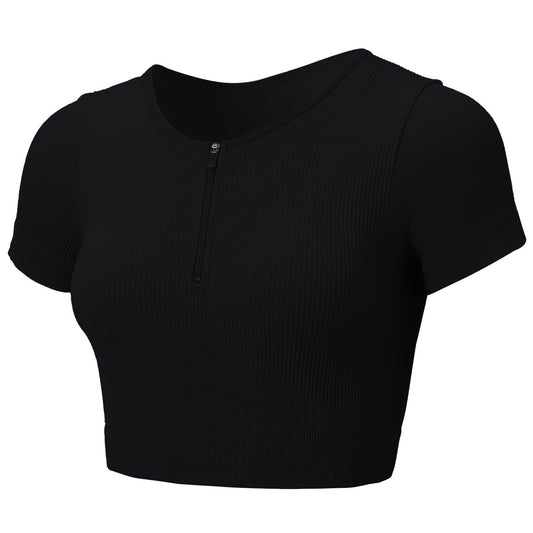 Black Zip-Front Rib Knit Short Sleeve Top - Zealous