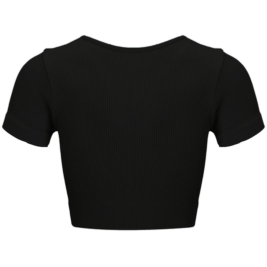 Black Zip-Front Rib Knit Short Sleeve Top - Zealous