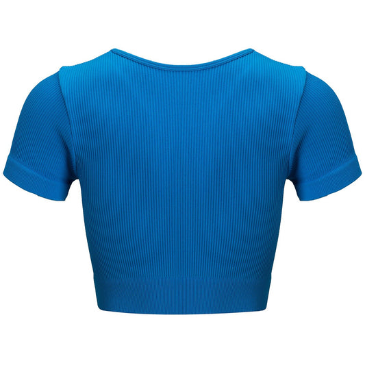 Blue Zip-Front Rib Knit Short Sleeve Top - Zealous