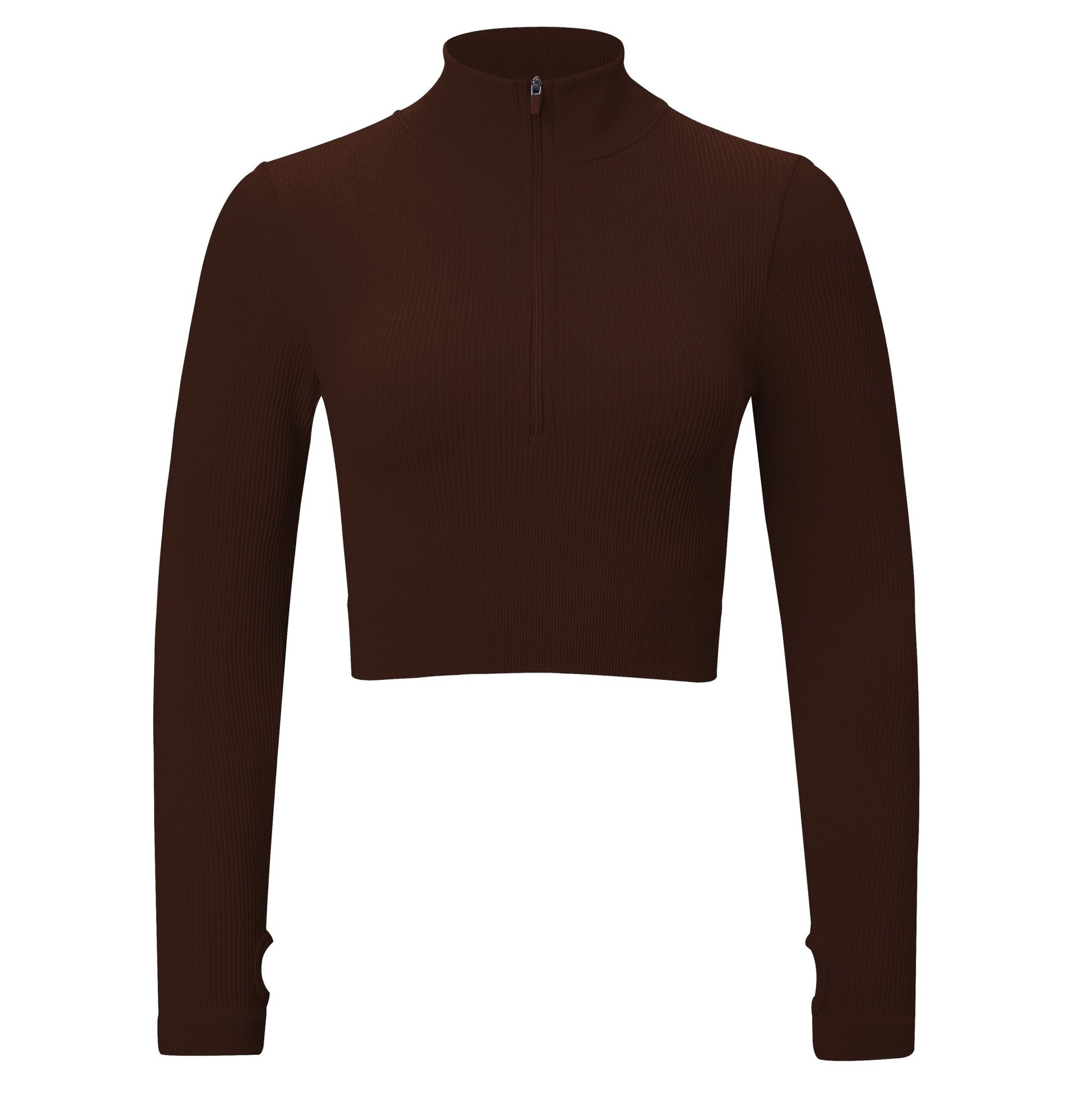 Brown Rib Knit Long Sleeve Crop Top - Zealous