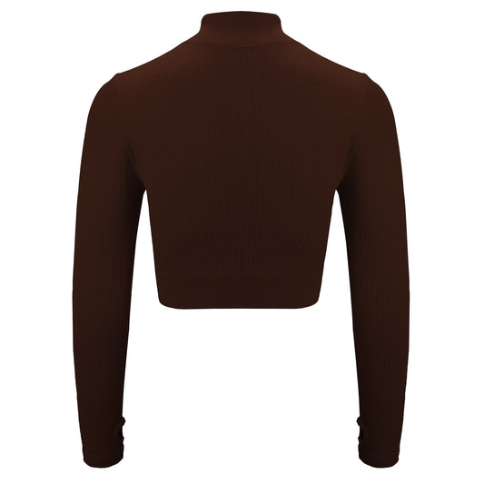 Brown Rib Knit Long Sleeve Crop Top - Zealous