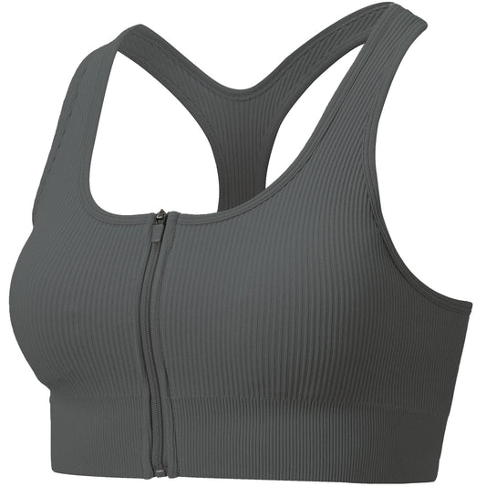 Gray Rib Knit Full-Zip Activewear Top - Zealous