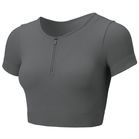 Gray Rib Knit Short Sleeve Zip-Front Activewear Top - Zealous