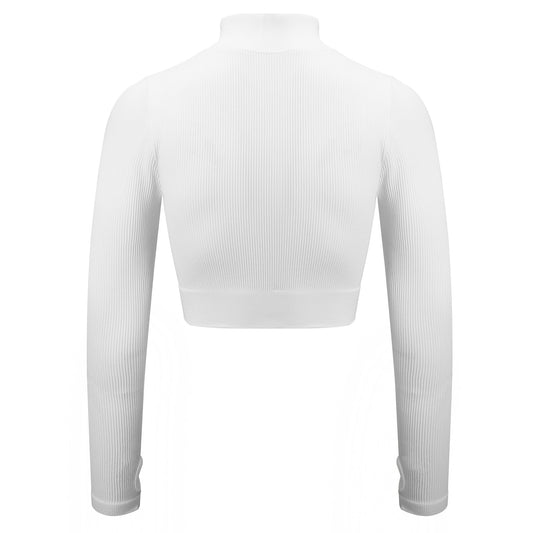 White Rib Knit Full Sleeve Crop Top - Zealous