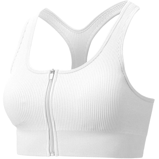 White Rib Knit Full-Zip Sports Bra Top - Zealous