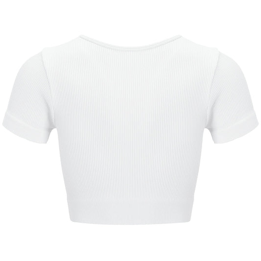 White Rib Knit Short Sleeve Zip-Front Top - Zealous