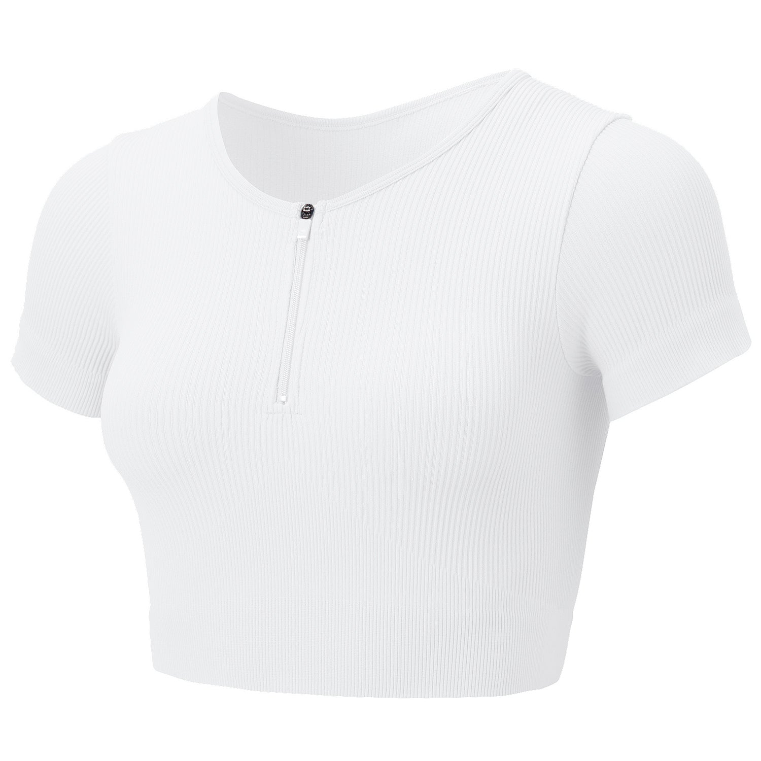 White Rib Knit Short Sleeve Zip-Front Top - Zealous