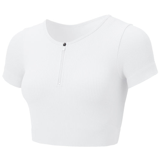 White Rib Knit Short Sleeve Zip-Front Top - Zealous